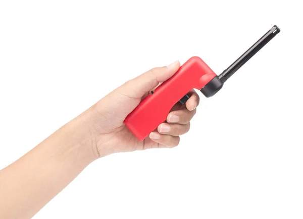 Hand holding Gas lighter gun for gas-stove isolated on a white b — ストック写真