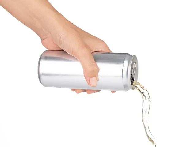 Hand pouring beverage from metal can isolated on white backgroun — Stok fotoğraf