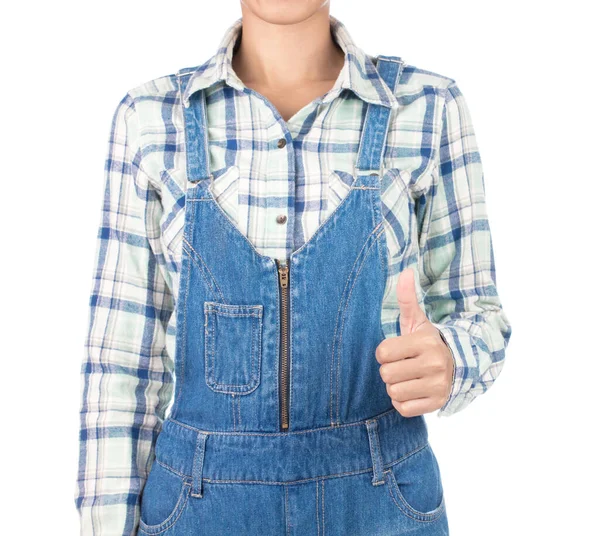 Like! Female young woman in plaid shirt and bib jeans hand showi — Stok fotoğraf