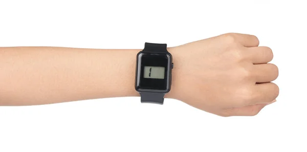 Mano con reloj inteligente negro aislado sobre fondo blanco . — Foto de Stock