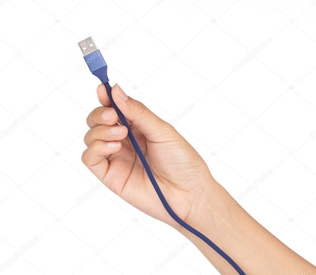 hand holding Blue USB cable for smartphone isolated on white bac