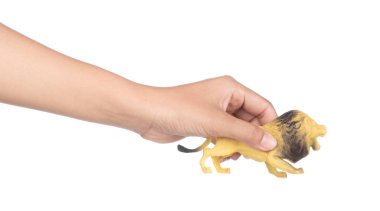 hand holding plastic toy lion isolated on white background.