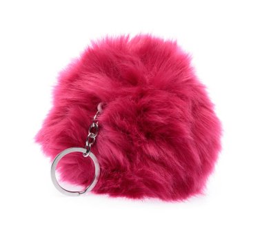 Pink Fur ball of Key chain isolated on white background