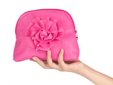 hand holding Makeup bag isolated on a white background