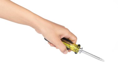 hand holding Yellow and black handled screwdriver isolated on wh