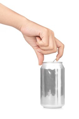 hand opening beverage tin can with water drops isolated on white