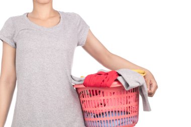 hand holding a red laundry basket isolated on white background