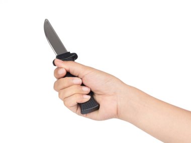 hand holding Knife toy isolated on white background