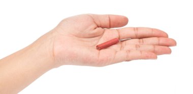 hand holding firecracker isolated on white background