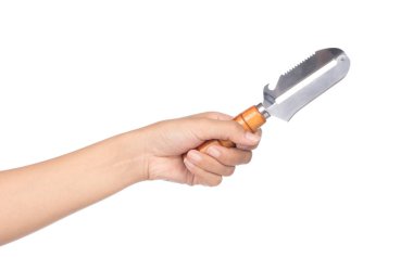 hand holding A wood knife peeler isolated on a white background.