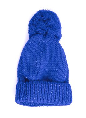 Blue Knit Wool Hat with Pom Pom isolated on white background
