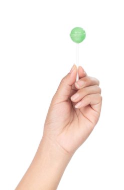 hand holding lollipop candy isolated on white background