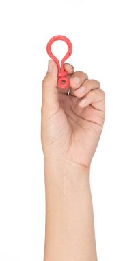 hand holding carabiner plastics isolated on white background