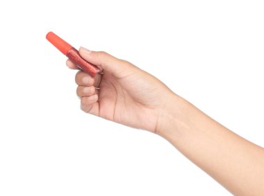 hand holding stick of color glitter gel isolated on white backgr
