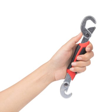 hand holding Adjustable Spanner Wrench isolated on white backgro