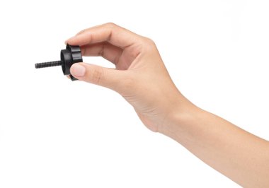 hand holding plastic fasteners screws isolated on white backgrou