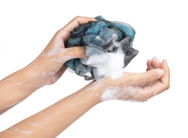 Washing of hands with soap and sponge Isolated on white backgrou