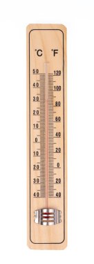 thermometer on wooden base isolated on white background