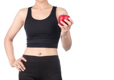 Young slim woman holding red apple. Isolated on white background