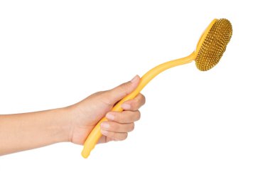 hand holding Kitchen scrub brush Steel wire isolated on a white 