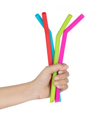 hand holding straw silicone isolated on white background