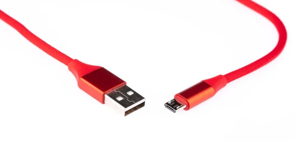 Red USB cable for smartphone isolated on white background. — Stock Photo, Image