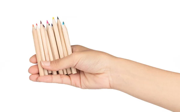 Hand houden Houten kleurrijke gewone potloden geïsoleerd op wit — Stockfoto