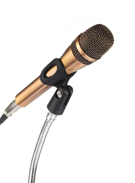 Microfone dourado no suporte isolado no fundo branco — Fotografia de Stock