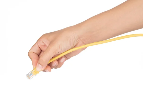 Tangan memegang Yellow Network Kabel CAT6 Flat 2m RJ45 Lan Internet — Stok Foto