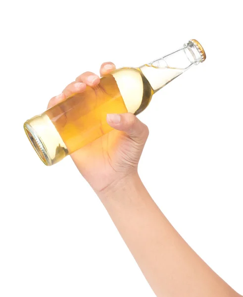 Hand houden Whisky fles geïsoleerd op witte achtergrond — Stockfoto