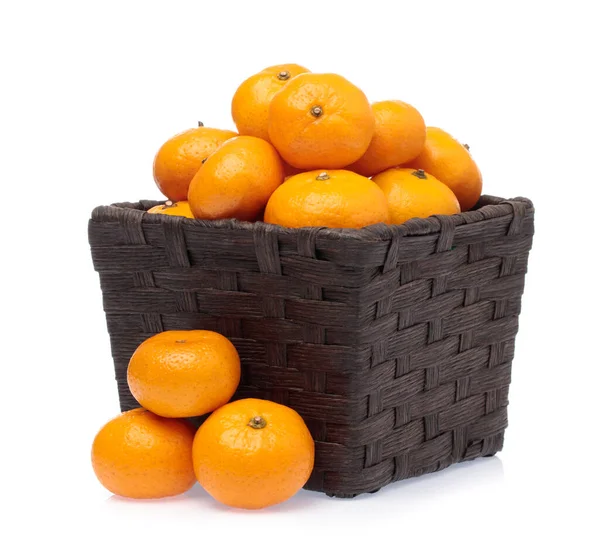 Orange in bamboo basket isolated on white background — Stock Photo, Image