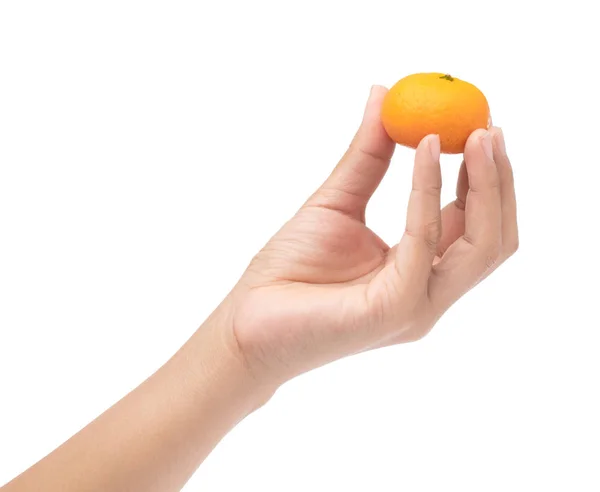 Mão segurando laranja isolado no fundo branco — Fotografia de Stock