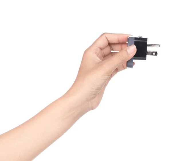 Hand holding 3 pin mains plug isolated on white background — ストック写真