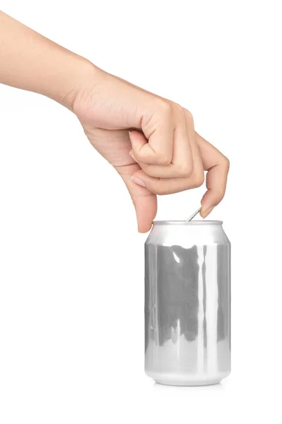 Puszka po napojach otwierana ręcznie z kroplami wody izolowanymi na białym — Zdjęcie stockowe