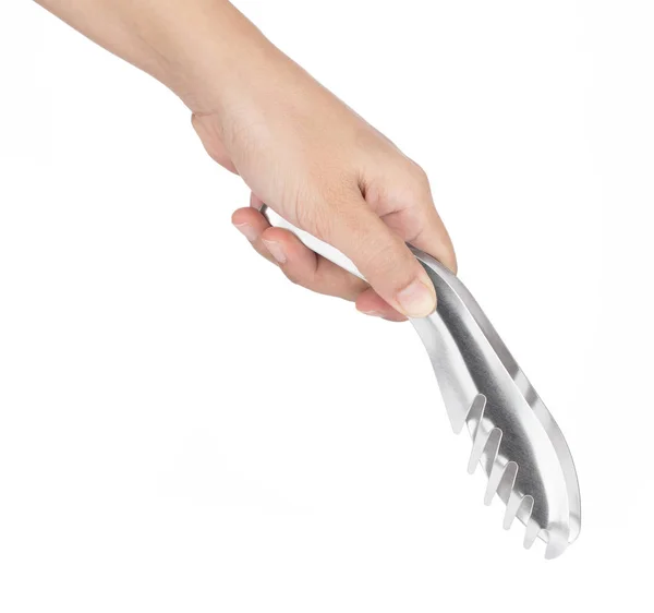 Hand holding Stainless Steel Tong Kitchen Utensil Tools isolated — Stockfoto