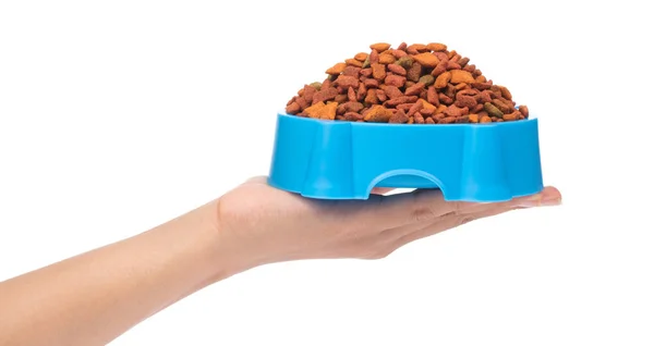 Mão segurando tigela de plástico azul cheio com comida de cão isolado no wh — Fotografia de Stock