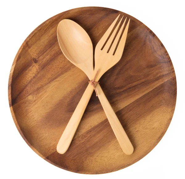 Empty wooden plate with spoon and fork isolated on white backgro — 스톡 사진