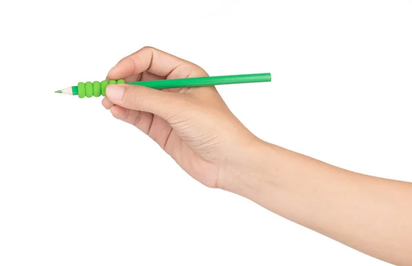 Ручний запис з зеленими кольоровими олівцями ізольовані на білому фоні — стокове фото