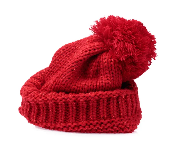 Chapeau en laine tricot rouge avec Pom Pom isolé sur fond blanc — Photo