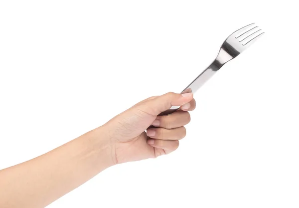Hand som håller gaffel isolerad på vit bakgrund — Stockfoto