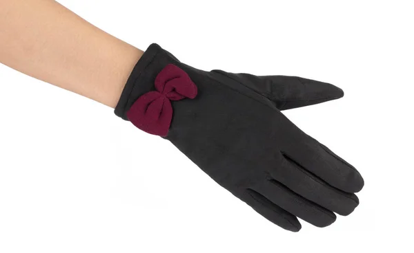 Piękne czarne damskie rękawiczki w dłoni odizolowane na białym tle — Zdjęcie stockowe