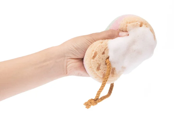 Ruční držení Houba s pěnovým mýdlem sud izolované na bílém backgro — Stock fotografie