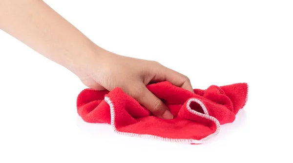 Tangan dengan sapuan merah microfiber terisolasi di whitebackground — Stok Foto