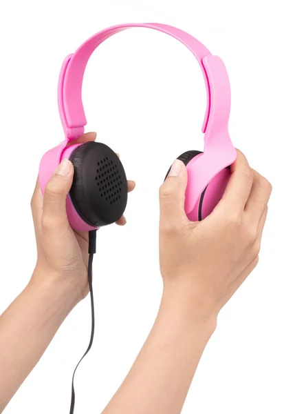 Hand holding Pink Headphones Isolated on White Background — Stock Photo, Image