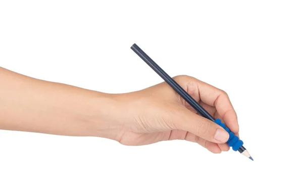 Escrita à mão com um lápis de cor azul isolado no backg branco — Fotografia de Stock