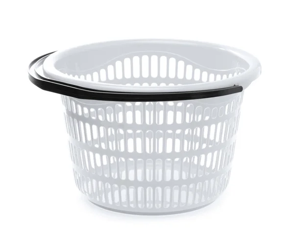 Ein grauer Wäschekorb isoliert auf weißem Hintergrund — Stockfoto