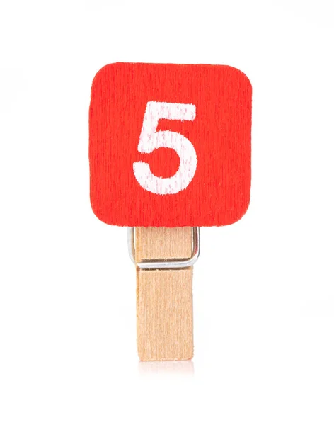 Clip wooden peg with numbers 5 isolated on a white background — ストック写真