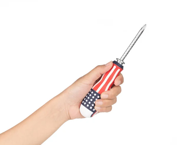 Hand holding screwdriver with the american flag isolated on whit — Stock Photo, Image