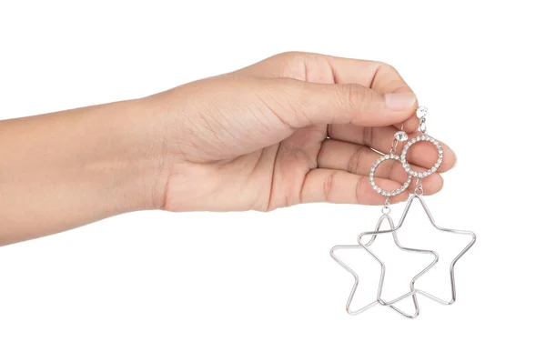 Hand holding Star earrings jewelry isolatted on white background — Stock Photo, Image