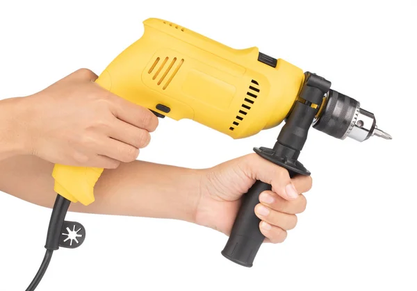 Hand holding Electric drill isolated on white background — Stok fotoğraf